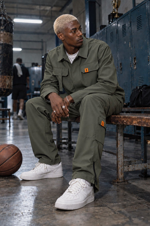 AJ Tech Utility Overshirt Khaki and Cargo Pant Khaki, locker room