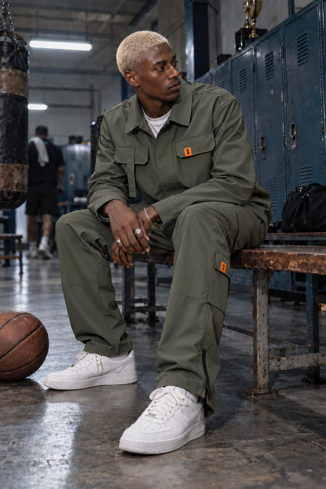 AJ Tech Utility Overshirt Khaki and Cargo Pant Khaki, locker room