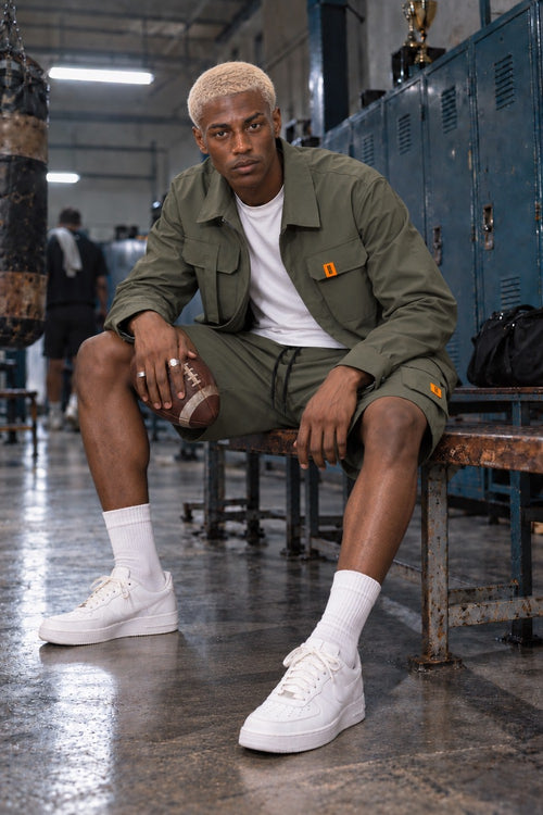 AJ Tech Utility Overshirt Khaki and Cargo Short Khaki, locker room bench
