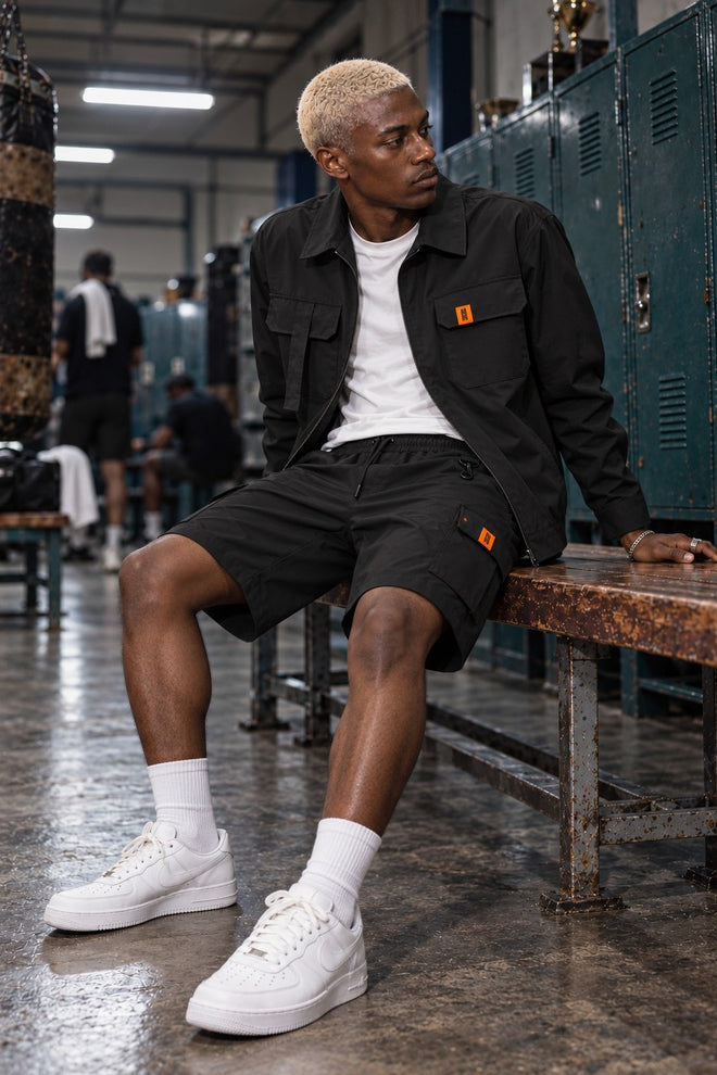AJ Tech Utility Overshirt Black with Cargo Short Black, locker room bench
