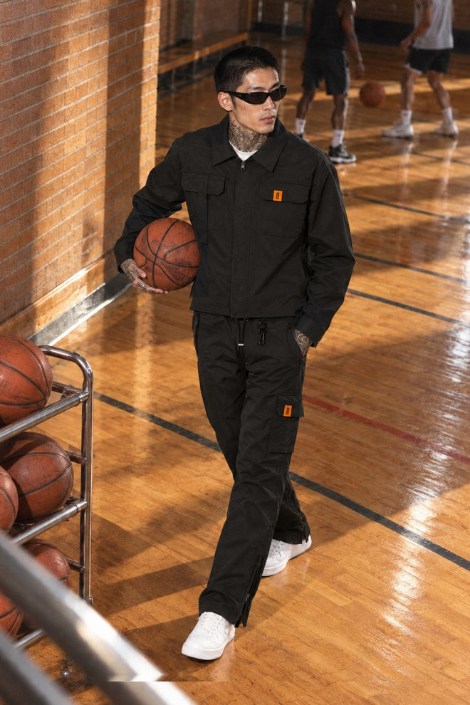 AJ Tech Cargo Pant Black with Utility Overshirt Black, courtside