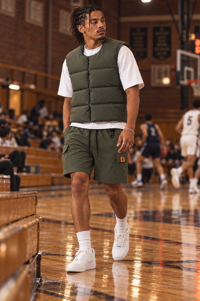 AJ Tech Puffer Vest Khaki with Cargo Short Khaki, courtside