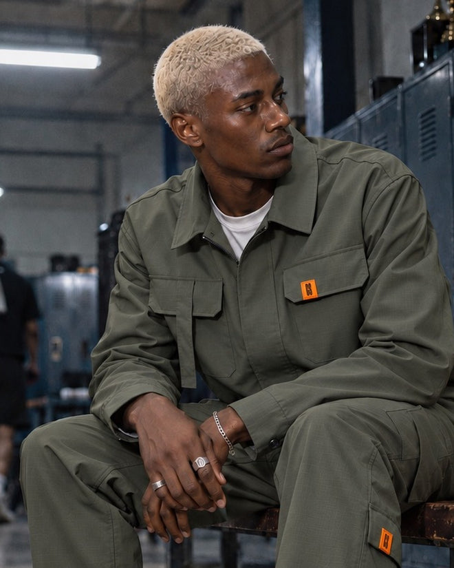 AJ Tech Utility Overshirt Khaki, close-up