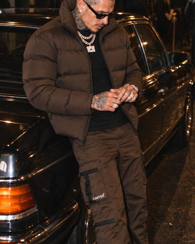 OG Cropped Puffer Jacket in Mocha, close-up