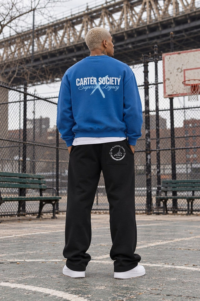 Legacy Sweatshirt Cobalt Blue, back print, basketball court