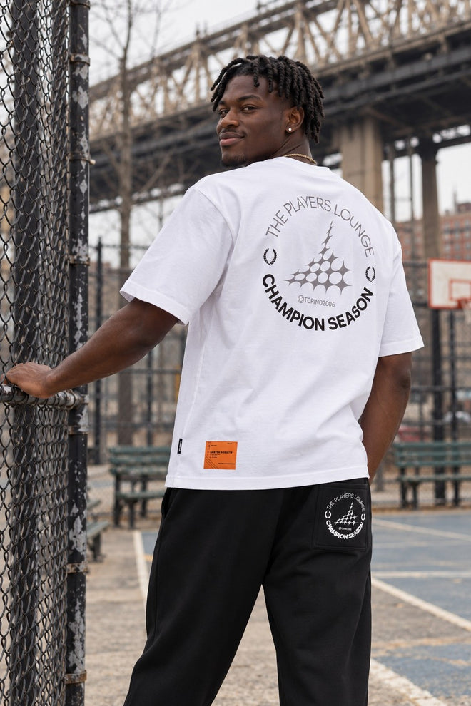 Players Lounge Oversized Tee White, Champion Season back print, basketball court
