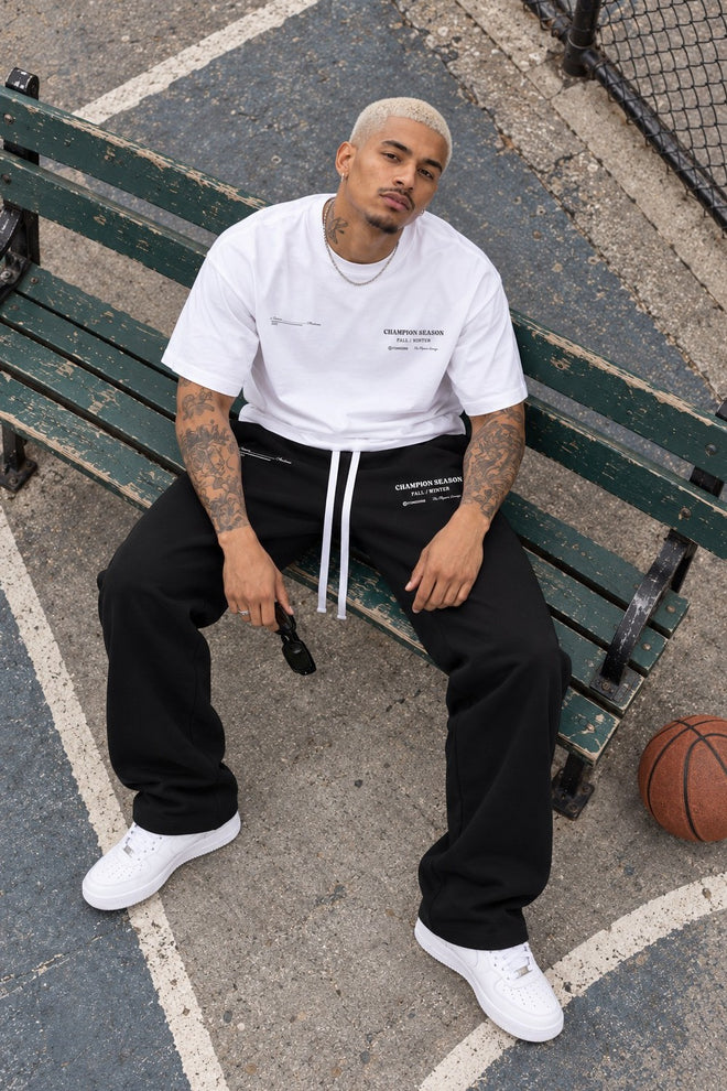 Players Lounge Straight Leg Sweatpants Black with Players Lounge Tee White, court bench from above