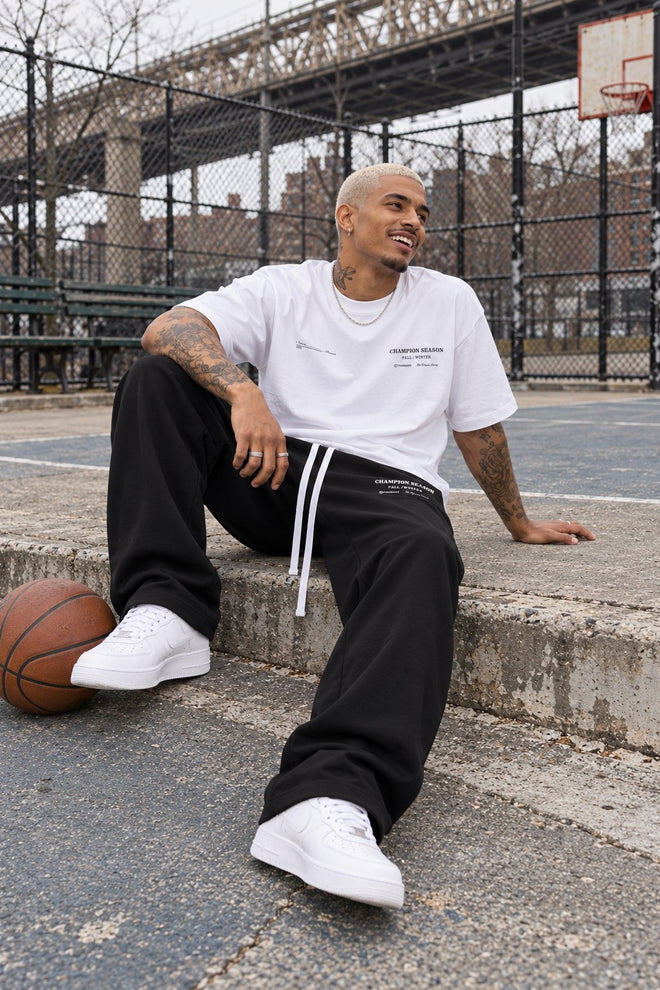 Players Lounge Straight Leg Sweatpants Black with Players Lounge Tee White, basketball court
